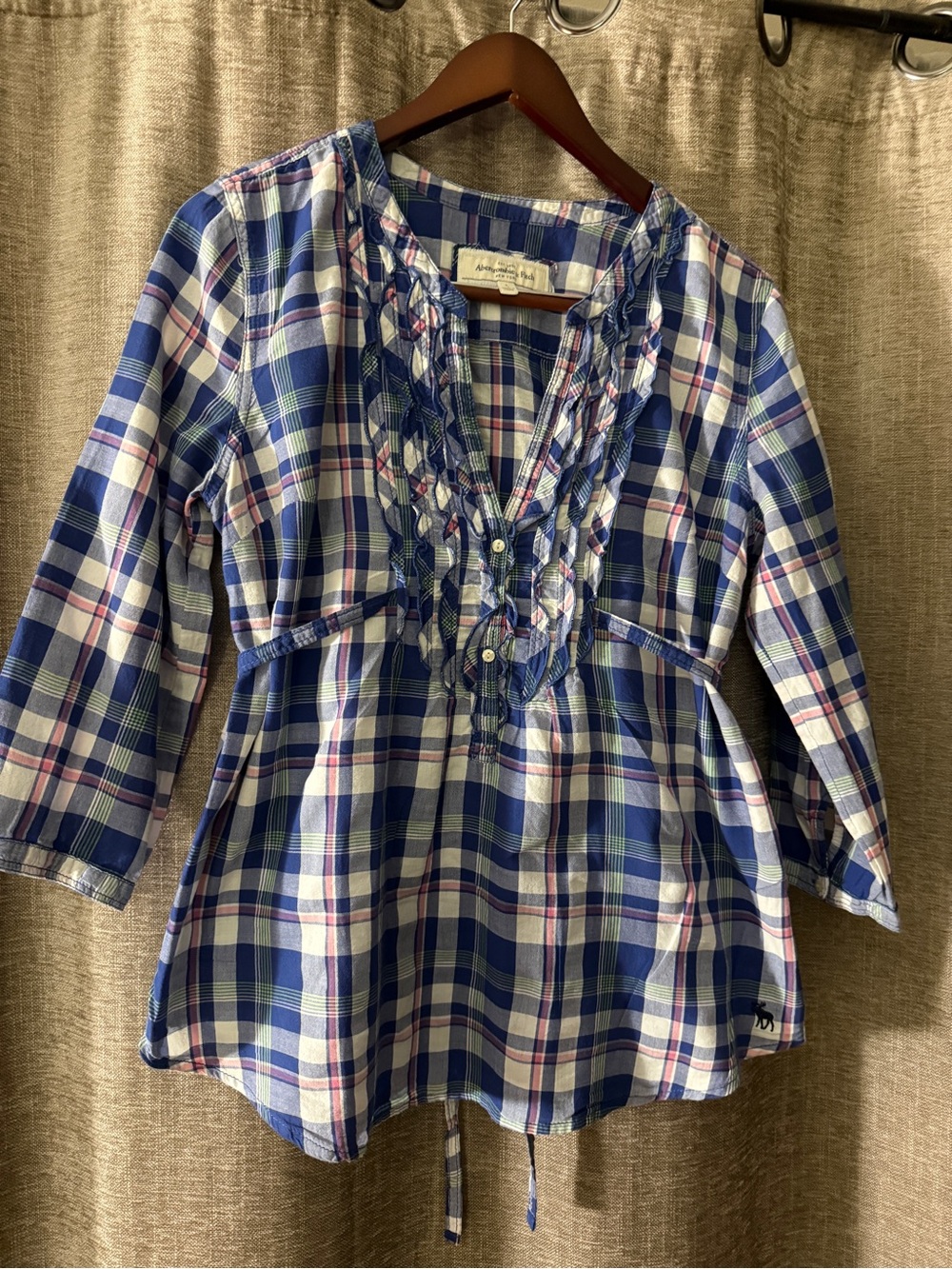 Abercrombie & Fitch Blue White Pink Plaid Peasant Blouse
